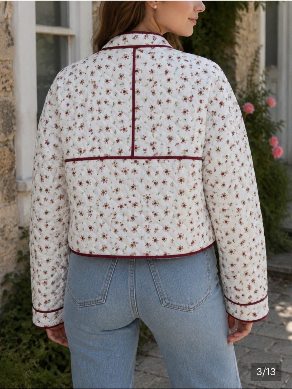 7 For All Mankind NEW Ivory Quilted Floral Utility Jacket with Burgundy Trim - Picture 6 of 6